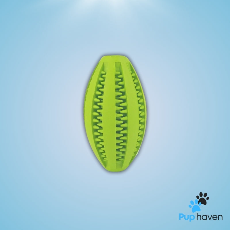 Green Natural rubber chew toy designed to soothe teething dogs while keeping them entertained.