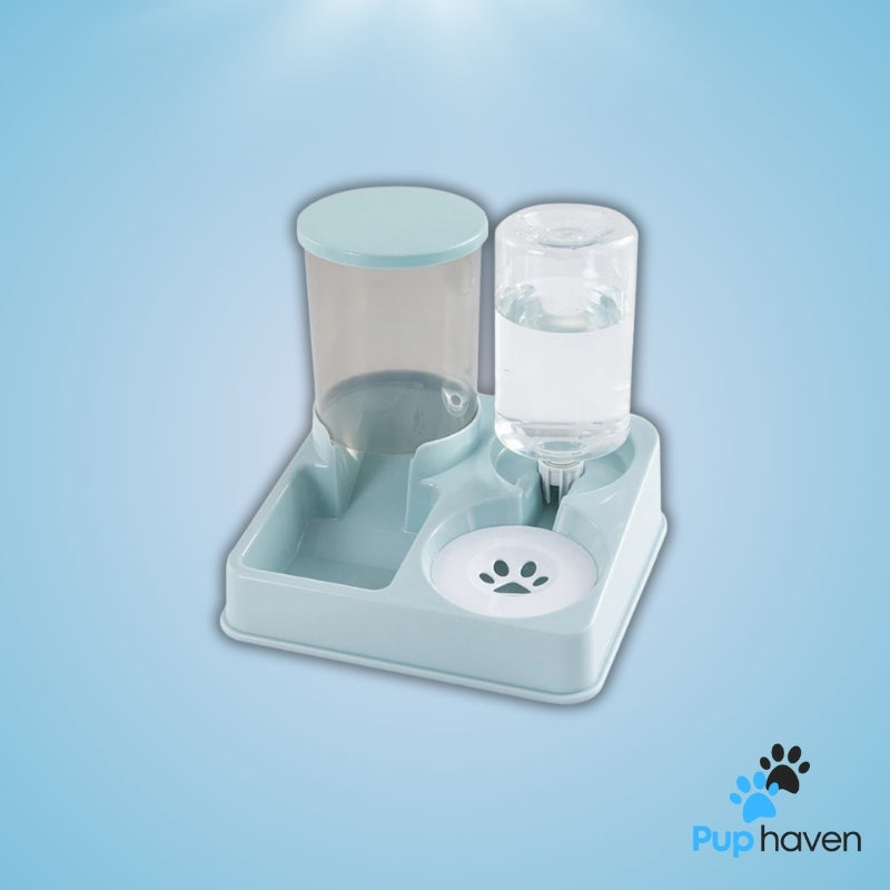 Blue Dual functionality of the 2-in-1 Cat Feeder & Water Dispenser, showcasing separate food and water sections.