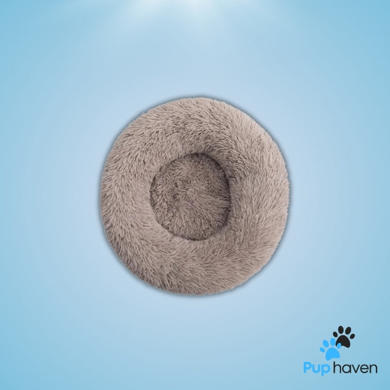 Smoke white Cozy plush round pet bed for dogs and cats, offering warmth and ultimate comfort.