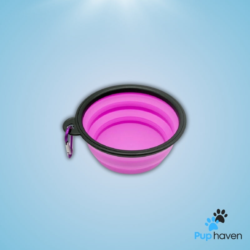 Pink Folding portable silicone pet bowl for food and water, ideal for travel and outdoor activities.