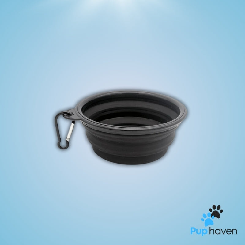 Black Folding portable silicone pet bowl for food and water, ideal for travel and outdoor activities.