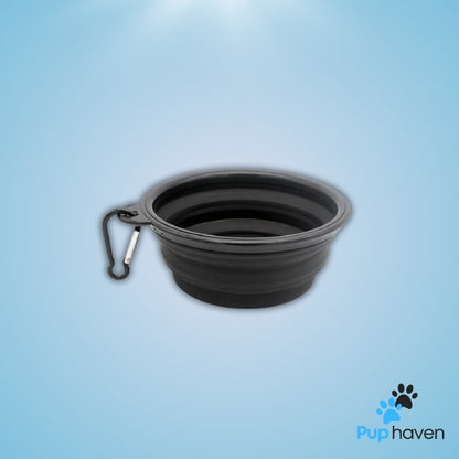 Black Folding portable silicone pet bowl for food and water, ideal for travel and outdoor activities.