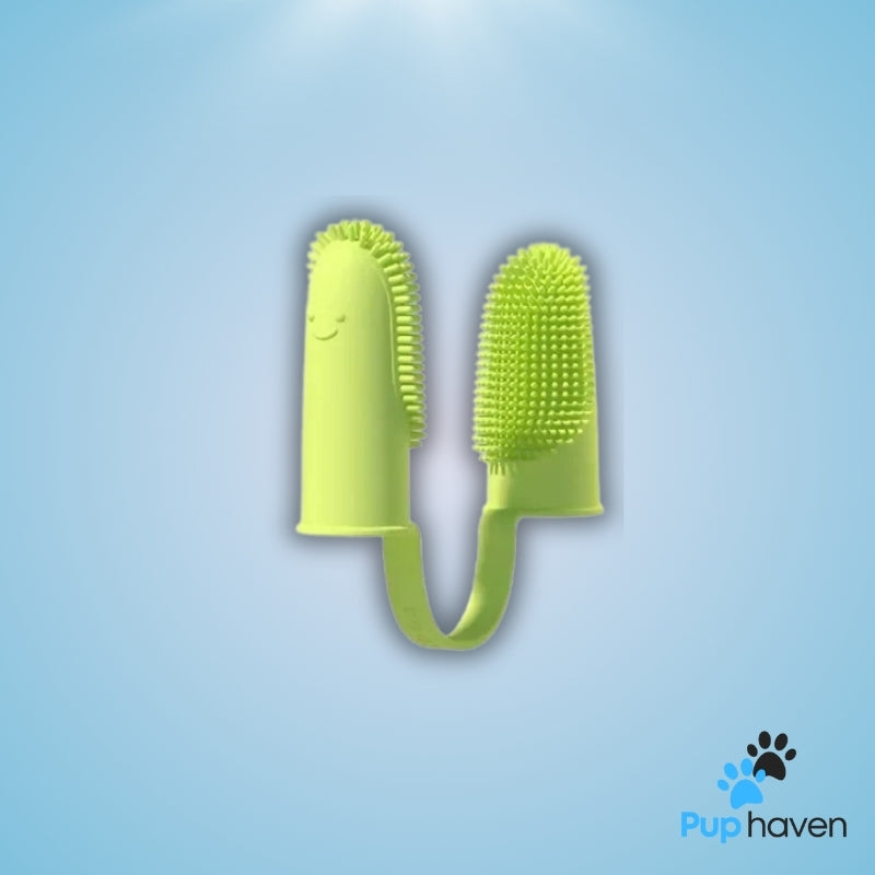 Green Pet two-finger toothbrush for dogs and cats, designed for easy and effective dental care.