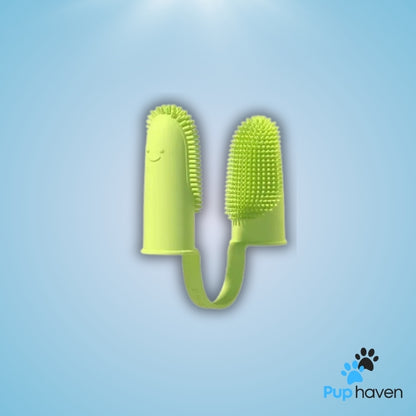 Green Pet two-finger toothbrush for dogs and cats, designed for easy and effective dental care.