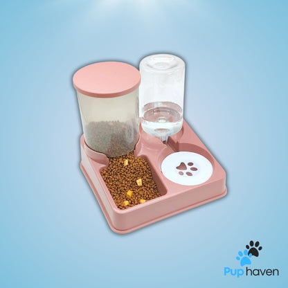 Pink Dual functionality of the 2-in-1 Cat Feeder & Water Dispenser, showcasing separate food and water sections.